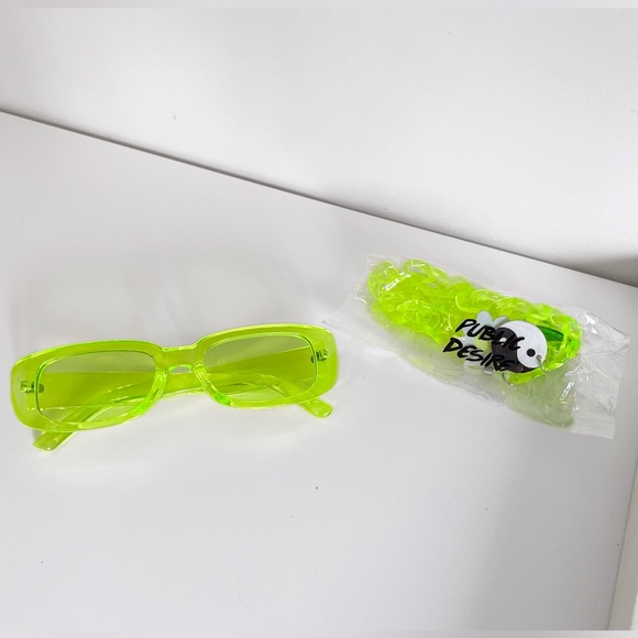 Neon Lime Rectangular Sunglasses with Chain - Picture 6 of 7